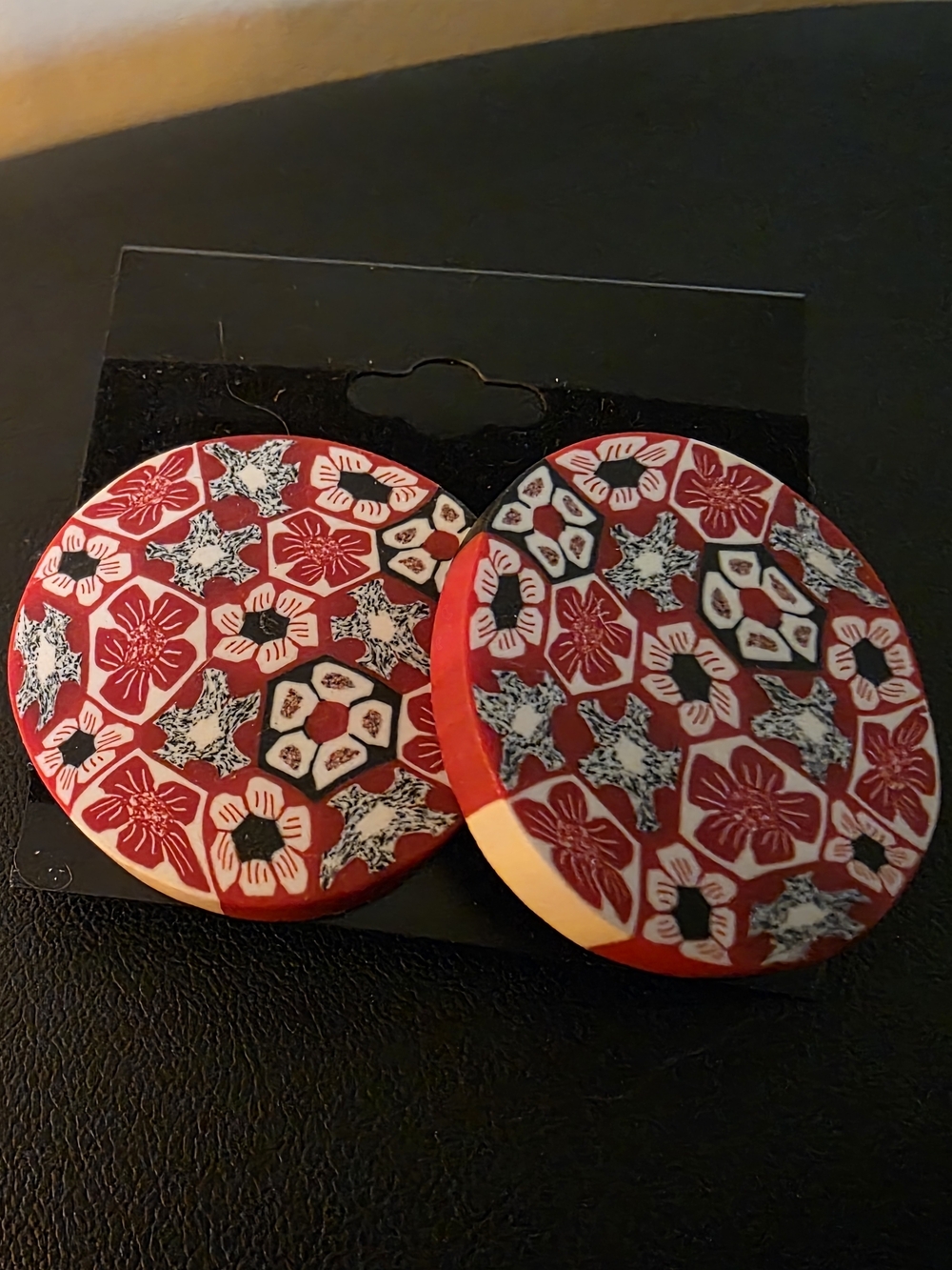 Red Floral Pattern Round Statement Earrings - Women Accessories